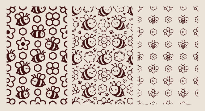 Honey bee floral pattern set, cute buzzing insect doodle, minimalist garden nature sketch, clean flower line illustration, monoline bee vector art, isolated honey graphic asset, premium nature texture