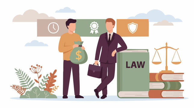 Client paying lawyer for legal advice, justice, and protection