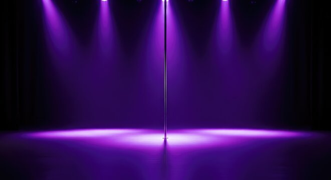 This vacant performance platform features a metallic pole under intense violet spotlights, creating deep shadows on the glossy dark floor, platform, dark, aura