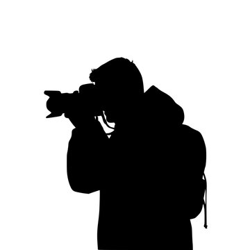 Silhouette of a Photographer Holding a Camera Isolated on White Background