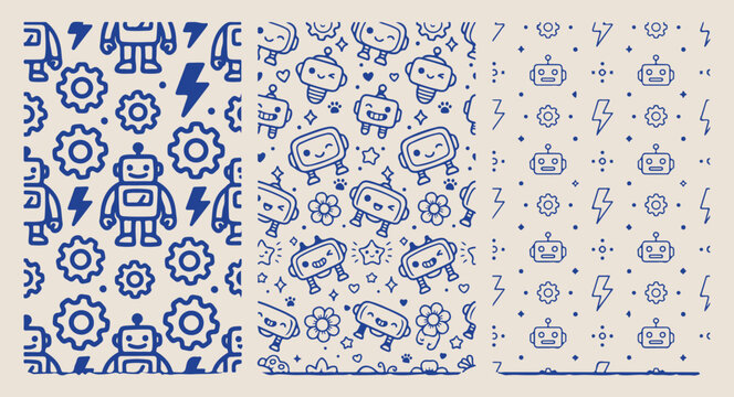 Minimal hand drawn technology robot pattern, cute cartoon android character line illustration, hand drawn digital gear doodle background, expressive strokes futuristic machine seamless art, blue kids 