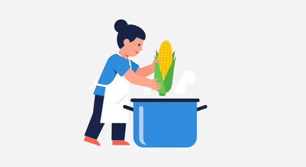 Fototapeta premium Girl Cooking with Corn on a Stove in a Modern Kitchen
