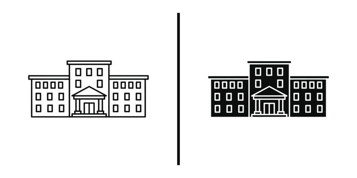 Classic university or hospital building architecture line and silhouette icon.