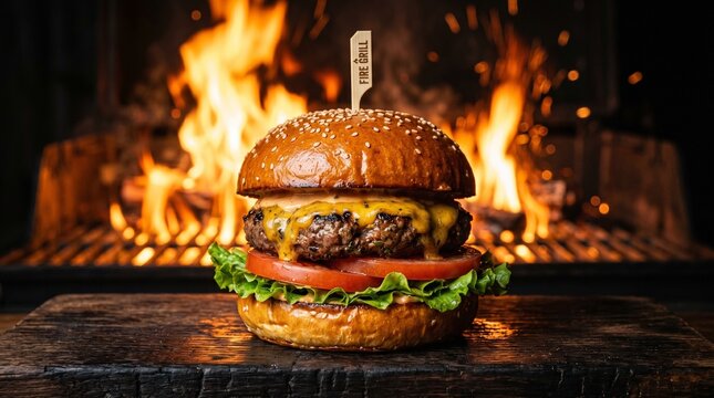 A juicy burger sizzles on a grill beside a roaring fire pit outdoors.