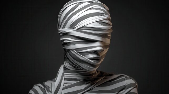 Surreal Halloween art, a mummy wrapped in bandages that are actually flowing, parallel optical stripes in grey and white