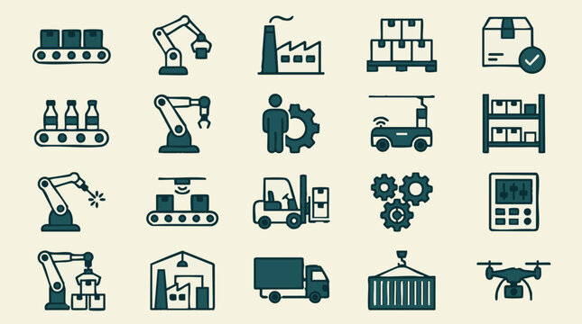 Industrial automation, logistics, and smart factory icon set