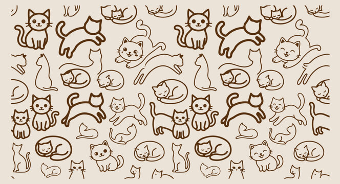 Minimal hand drawn brown cats pattern, cute cartoon kitten poses line illustration, hand drawn stretching cat doodle background, expressive strokes feline pets seamless art, domestic animals abstract 