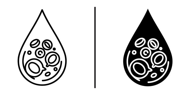 Blood drop with red and white blood cells line and silhouette icon.