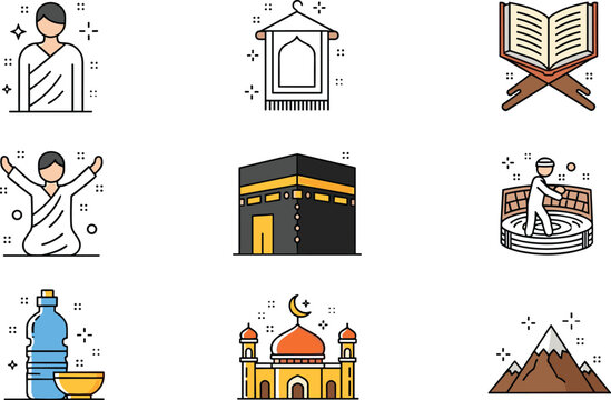 Islamic icons set with mosque kaaba quran prayer hajj zamzam and religious symbols cartoon illustration collection