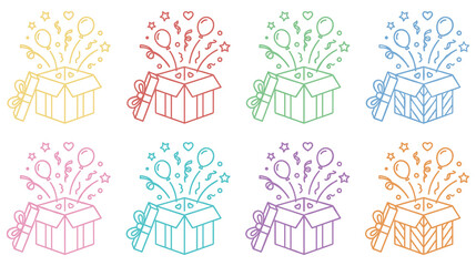 Collection of colorful birthday gift boxes with balloons and confetti. © SABIKUNNAHAR