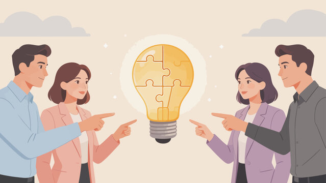 People pointing at light bulb with puzzle pieces