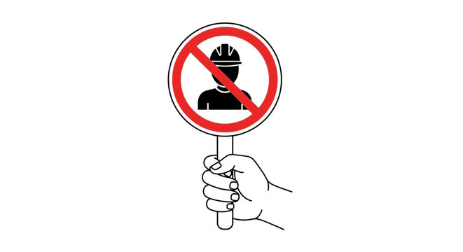 Hand holding a round sign with a red 'no' symbol over a construction worker wearing a hard hat, indicating restricted access or prohibition for workers in a specific area.