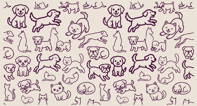 Minimal hand drawn playful puppies pattern, cartoon pet dogs line illustration, hand drawn domestic canine doodle background, expressive strokes puppy friends seamless art, veterinary care black line 