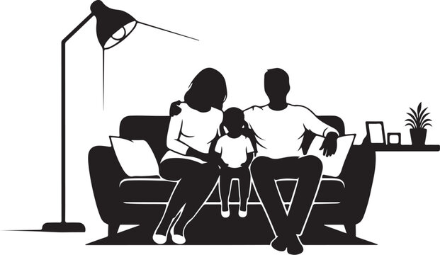Black silhouette family sitting on couch with lamp and table