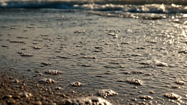 Close Up of Gentle Ocean Waves and Sea Foam on a Sandy Shore