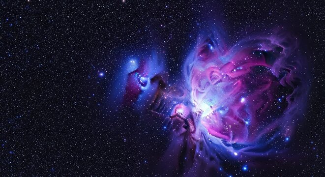 A breathtaking view of a vibrant celestial nebula glowing with deep violet and blue hues amidst a dense field of shimmering distant stars, space, science, purple