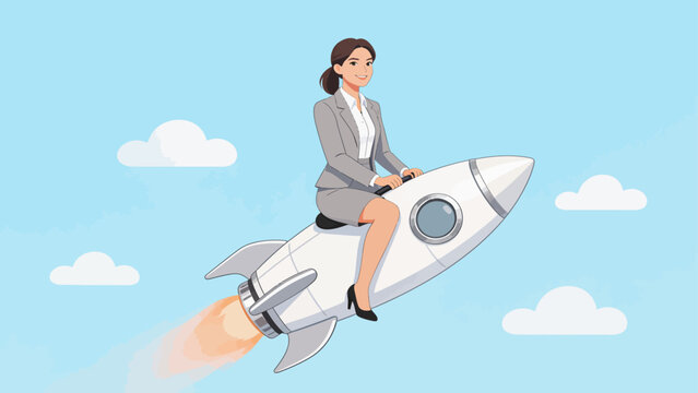 Businesswoman riding rocket in sky