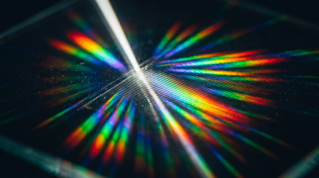 Light diffraction creates a colorful spectral rainbow on etched glass surface