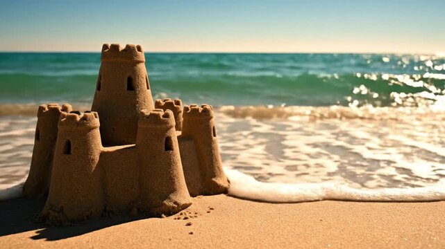 Elaborate Sandcastle Decorated with Seashells on the Beach at Golden Hour