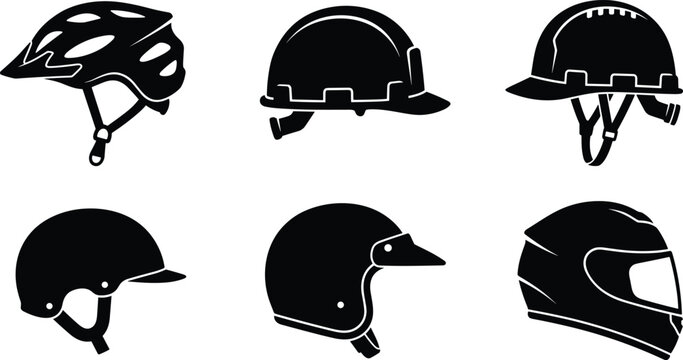 Helmet silhouette icons set featuring motorcycle bicycle construction safety and sports helmets in minimal black vector style