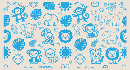 Minimal hand drawn safari animals pattern, cute cartoon elephant lion line illustration, hand drawn monkey parrot doodle background, expressive strokes tropical leaves seamless art, blue jungle wildli © pankaj