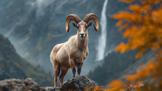 Majestic Mountain Ram Standing Fearlessly Near Waterfall in Alpine Wilderness.