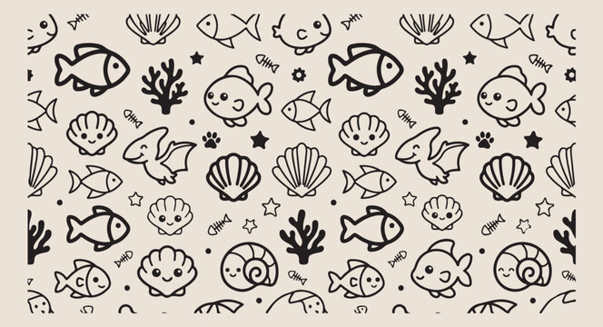Minimal hand drawn sea life pattern, cute cartoon fish starfish line illustration, hand drawn seashell coral doodle background, expressive strokes ocean creatures seamless art, aquatic underwater blac