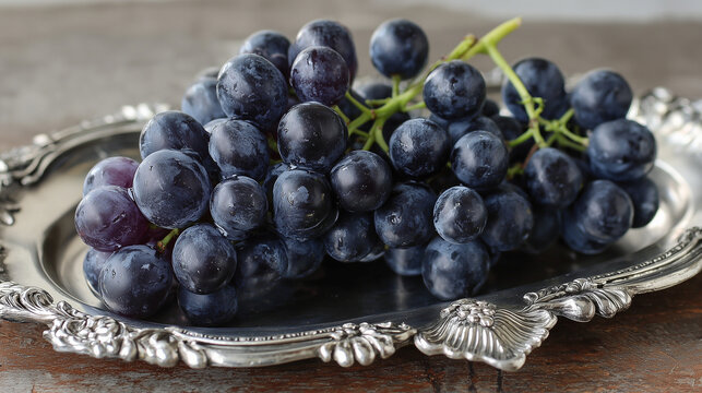 Ai Fresh grapes arranged on a silver platter placed on a wooden table in a simple setting