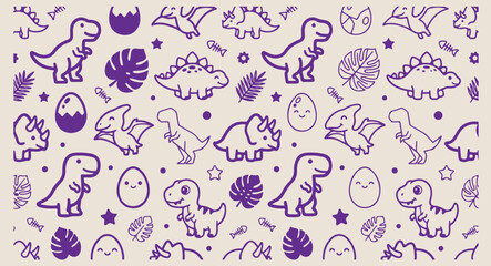 Minimal hand drawn fantasy dinosaur pattern, cute cartoon t-rex triceratops line illustration, hand drawn prehistoric eggs doodle background, expressive strokes jurassic era seamless art, purple ancie © pankaj