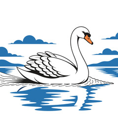 Fototapeta premium Elegant white swan vector illustration, graceful mute swan swimming on blue lake water, majestic bird mascot logo with clouds and reflection