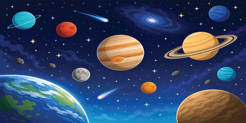 Cartoon Space Night with Crescent Moon Planets and Stars Illustration © mahabubmorshed