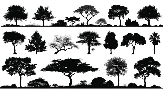 Trees displayed in a comprehensive botanical silhouette library showcase diverse canopy shapes and root structures for use in environmental design projects and sophisticated digital illustration.