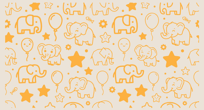 Minimal hand drawn baby elephant pattern, cute cartoon yellow animal line illustration, hand drawn festive balloons doodle background, expressive strokes stars seamless art, nursery child room black l