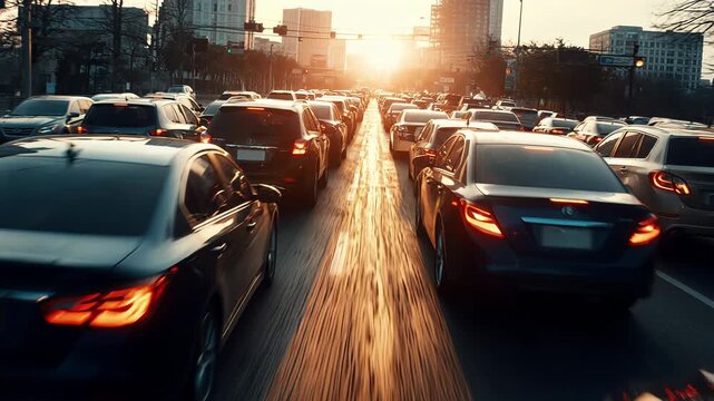 Cars in rush hour traffic jam on busy city highway, dense urban street congestion, transport scene
