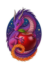 Obraz premium A whimsical purple dragon with a long, orange-tipped tail curled around a large, shiny red apple against a dark blue, starry night sky background, sticker style