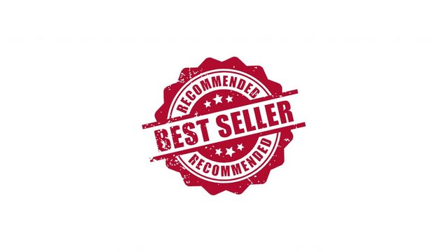 Animated best seller recommended red rubber stamp with grunge texture popping up on transparent background for retail marketing and product promotion