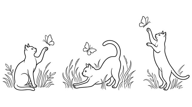 Outline illustration of cute kittens playing with flying spring butterflies.