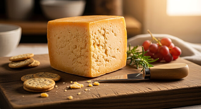 A block of cheese on a wooden board with crackers and tomatoes.