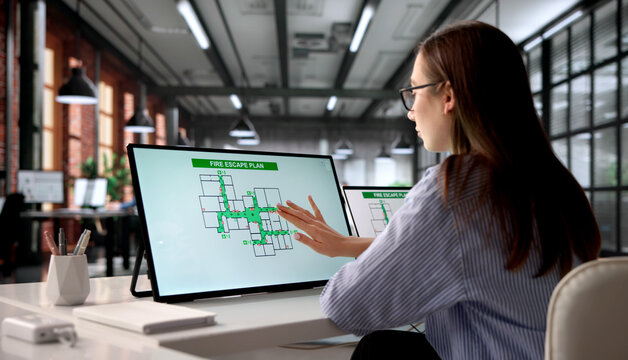 Woman At Office Computer Reviewing Fire Evacuation Plan
