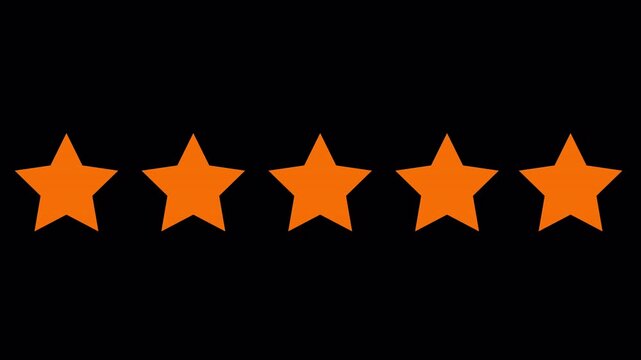 Gold 5 stars rating video animation. Five star feedback motion graphics black and black background
