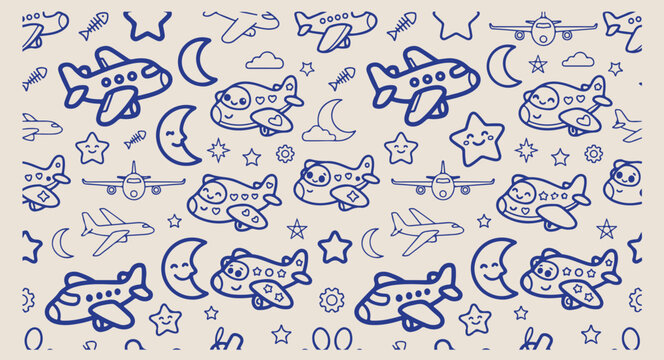 Minimal hand drawn airplane sky pattern, cute cartoon rocket helicopter line illustration, hand drawn crescent moon doodle background, expressive strokes stars cloud seamless art, dark blue nursery be