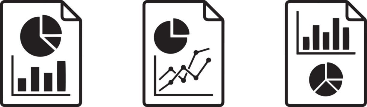 Set of three professional business report document icons featuring black minimalist vector line art with pie charts bar graphs and financial data