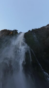 Vertical Close Up of Cascading Waterfall Milford Sound