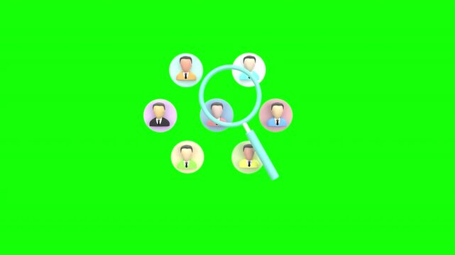 3d animation talent acquisition or recruitment, highlighting the selection of the right candidate from a pool of professionals using a magnifying glass with alpha channel
