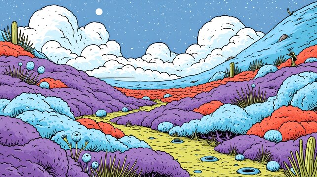 Whimsical, dreamlike landscape featuring flamboyant purple and orange flora in a surreal.