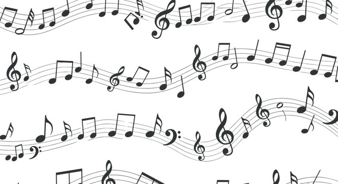 Dynamic pattern of black musical notes and symbols flowing across several wavy staff lines on a clean white background.