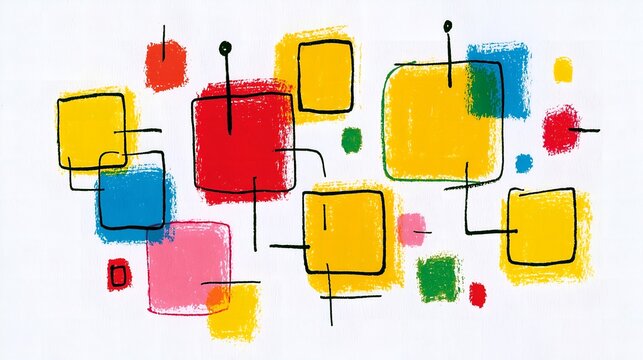 Abstract colorful squares and circles on white background.