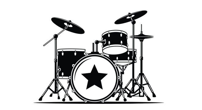 Detailed black and white illustration of a complete drum set with cymbals and a large star on the front of the bass drum.
