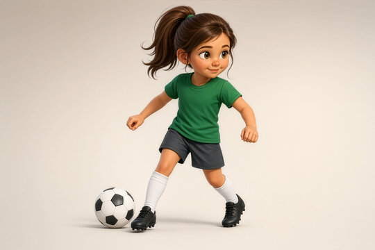 A child in a green‑and‑black sports outfit prepares to kick a soccer ball, showing focus, motion, and youthful athletic energy against a clean light background.
