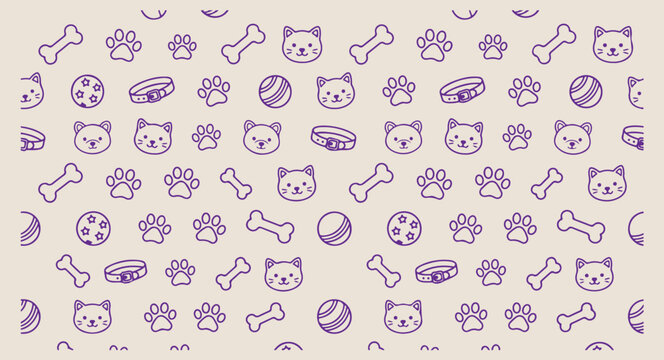 Minimal hand drawn dog toys pattern, cute cartoon puppy bone line illustration, hand drawn pet bowl doodle background, expressive strokes paw prints seamless art, purple domestic canine black line pat